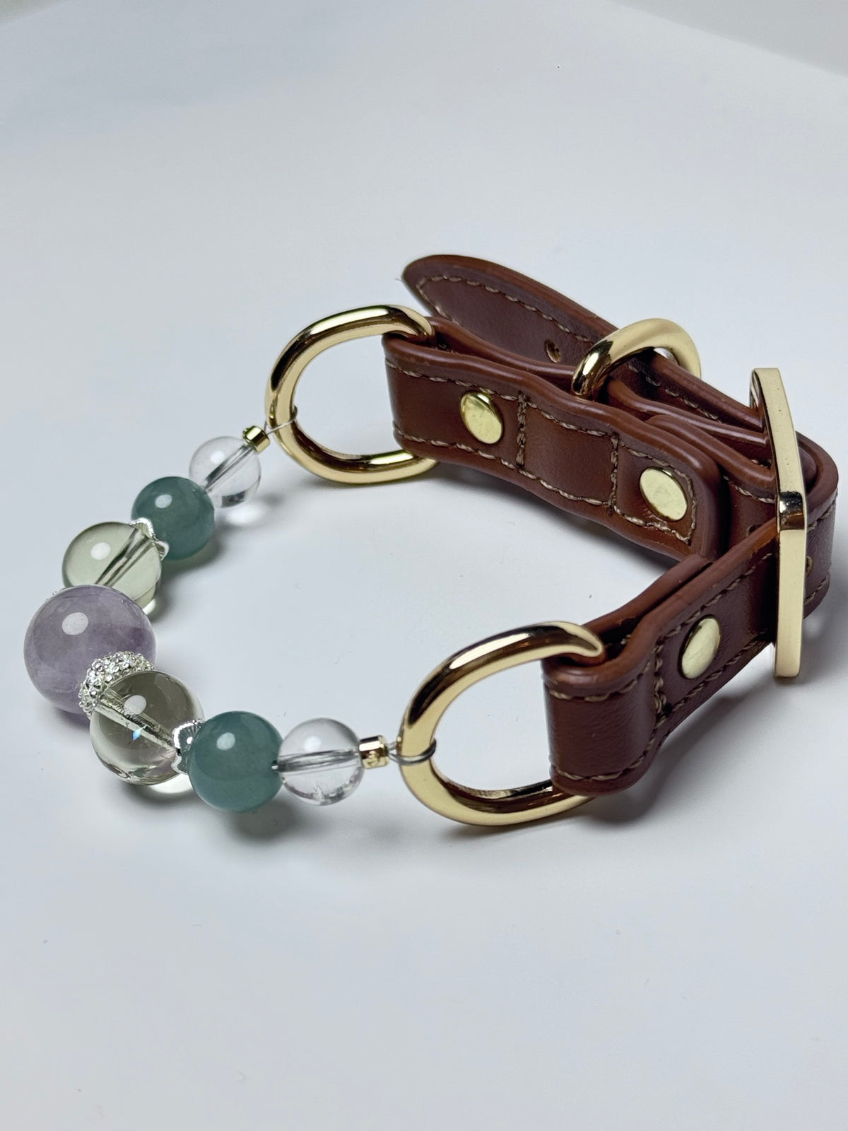 Lavender amethyst lemon quartz and jade pet crystal collar angled detail