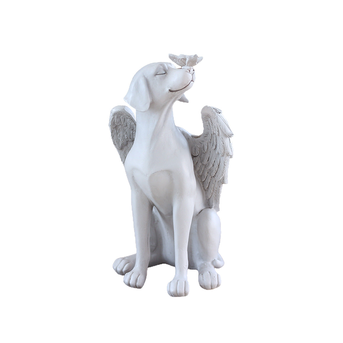 Angel dog pet memorial statue on a clean white background