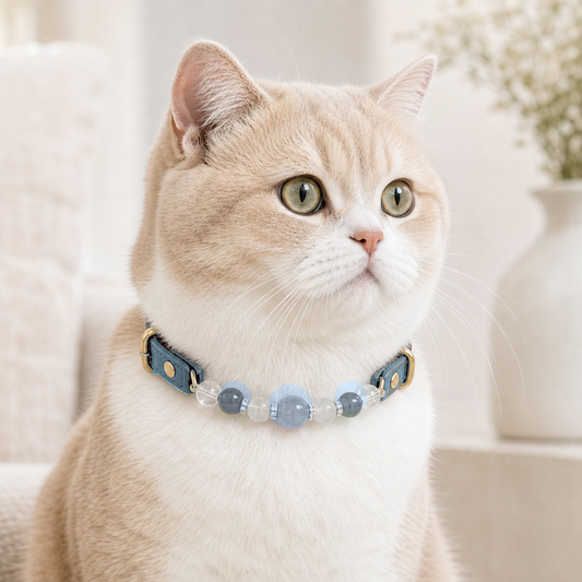 Cream cat wearing Tolan blue lace agate and clear quartz pet collar