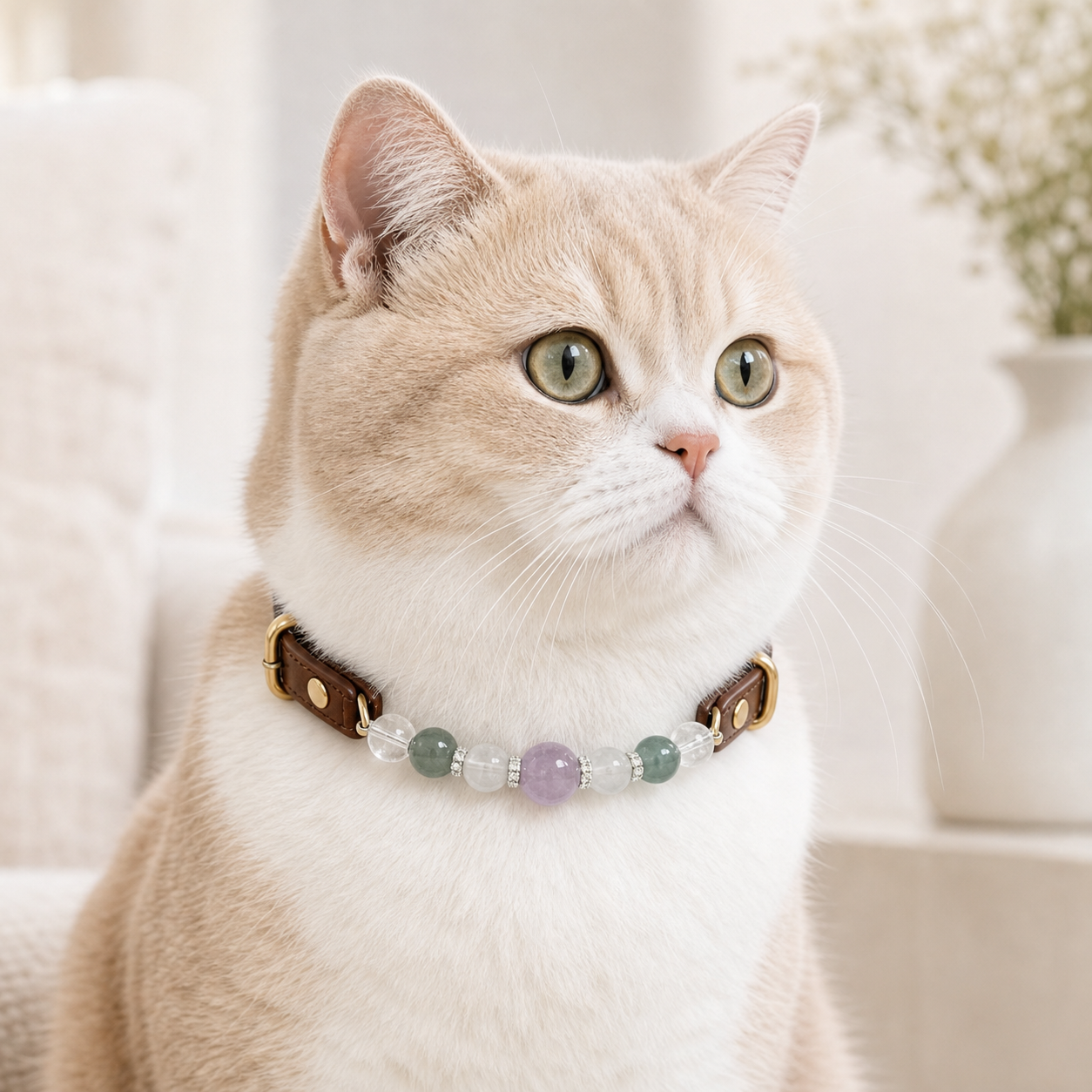 Cat wearing lavender amethyst lemon quartz and jade pet crystal collar