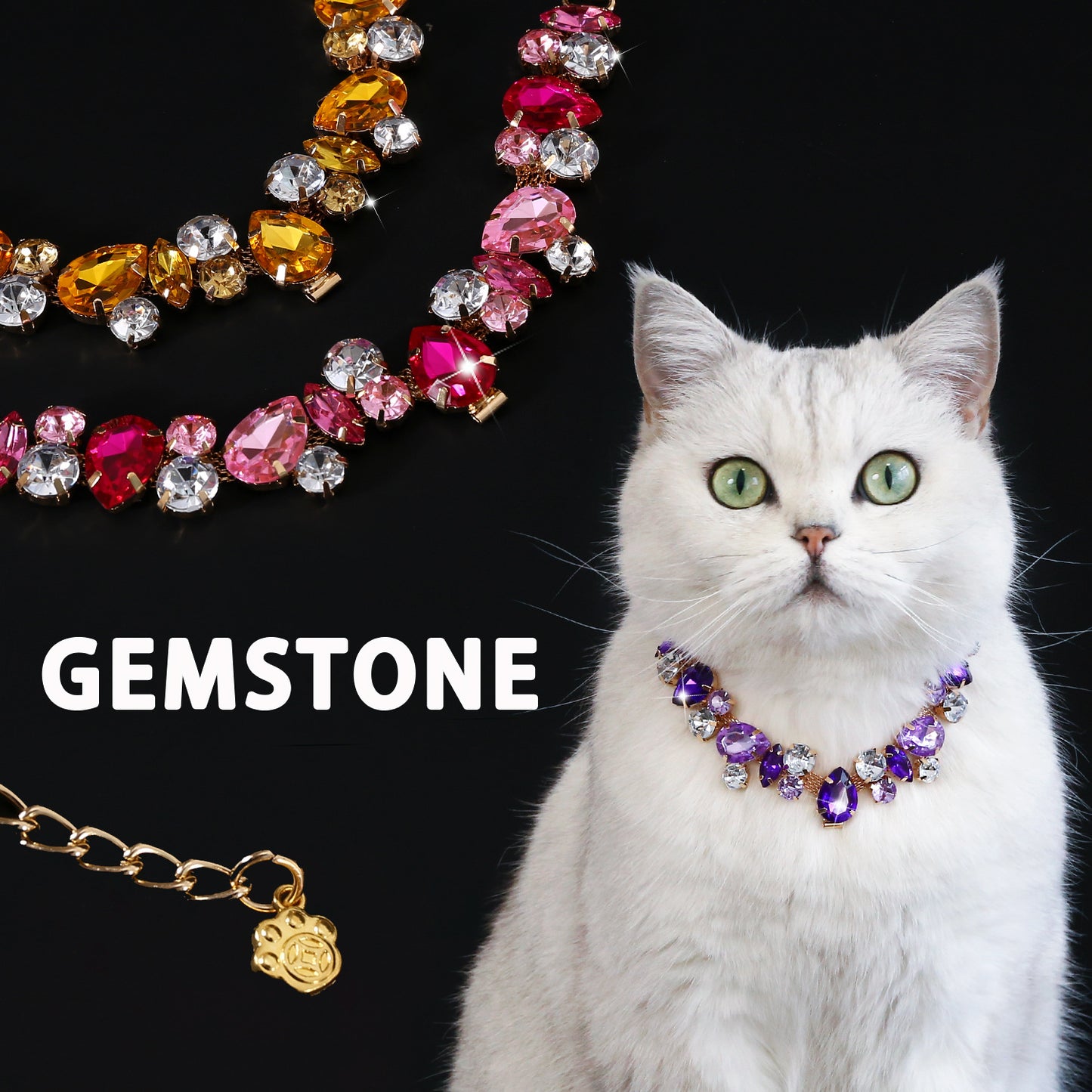 Four-color rhinestone statement pet necklace with white cat