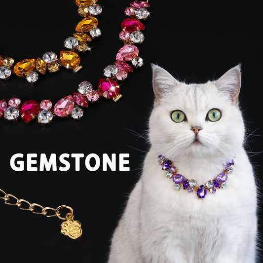 Four-color rhinestone statement pet necklace with white cat