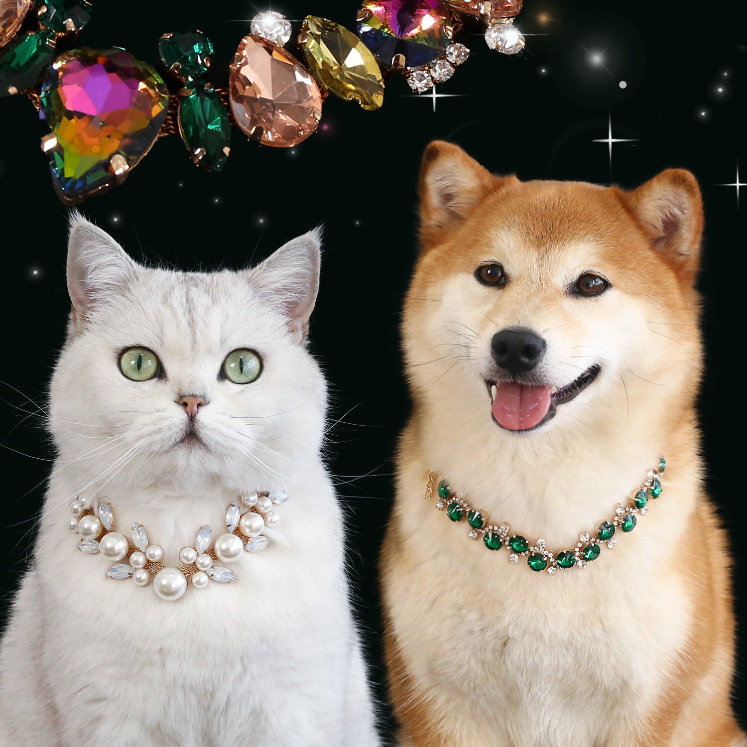 Cats and dogs wearing luxury pearl emerald and multicolor pet necklaces