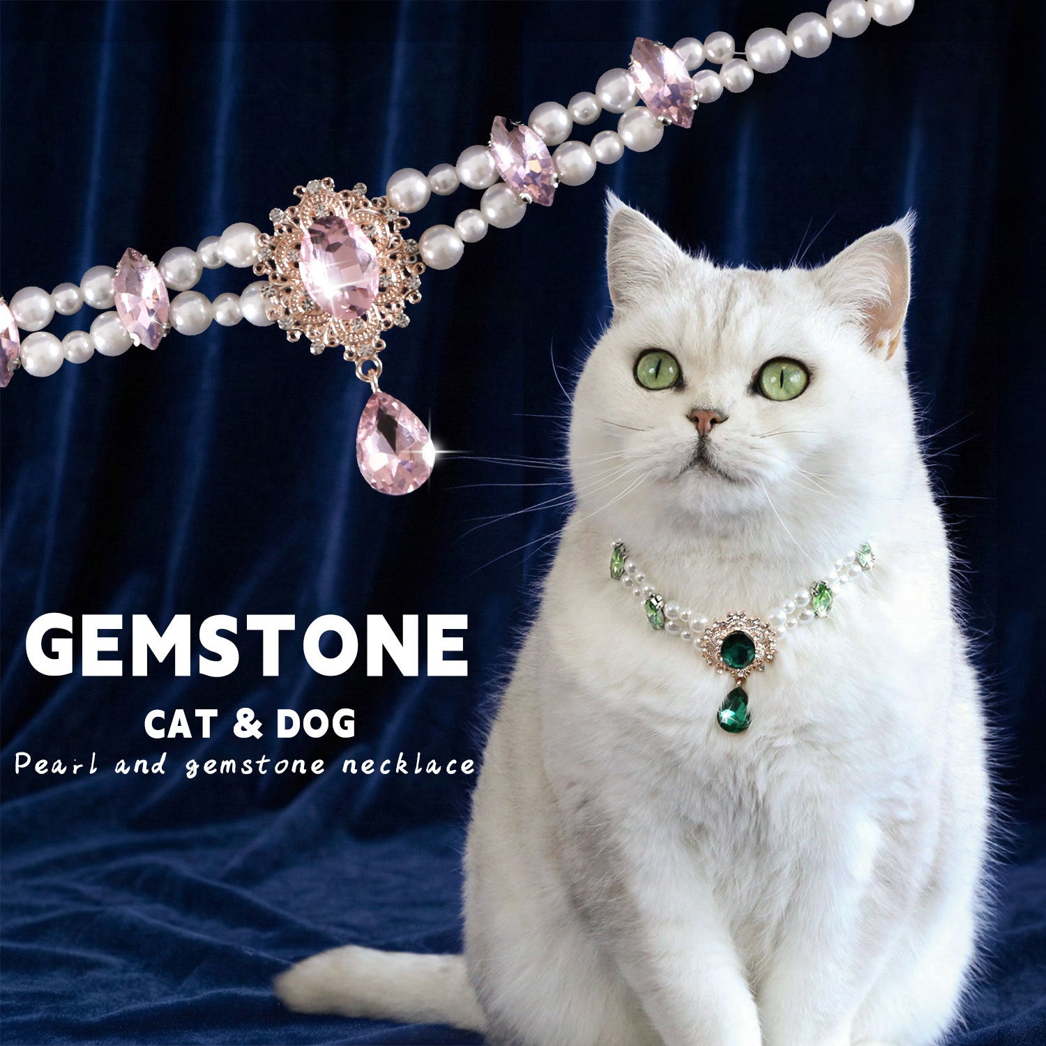 White cat wearing green pearl and gem pendant pet necklace