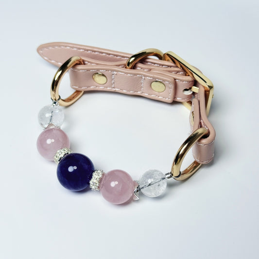 Pink leather pet crystal collar with Uruguay amethyst and pink quartz