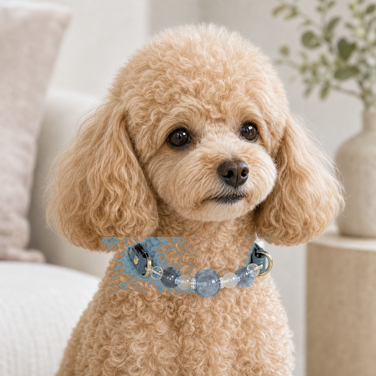 Dog wearing Tolan blue lace agate and clear quartz pet collar