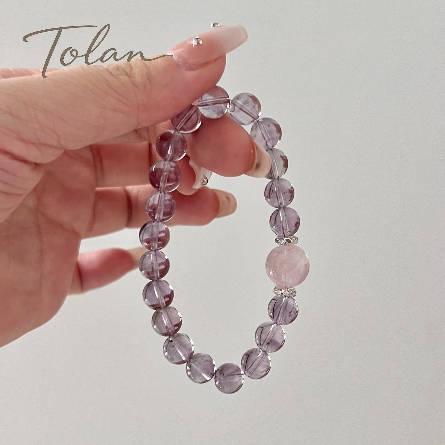 Lavender Bloom amethyst bracelet pair with rose quartz and clear quartz center stones