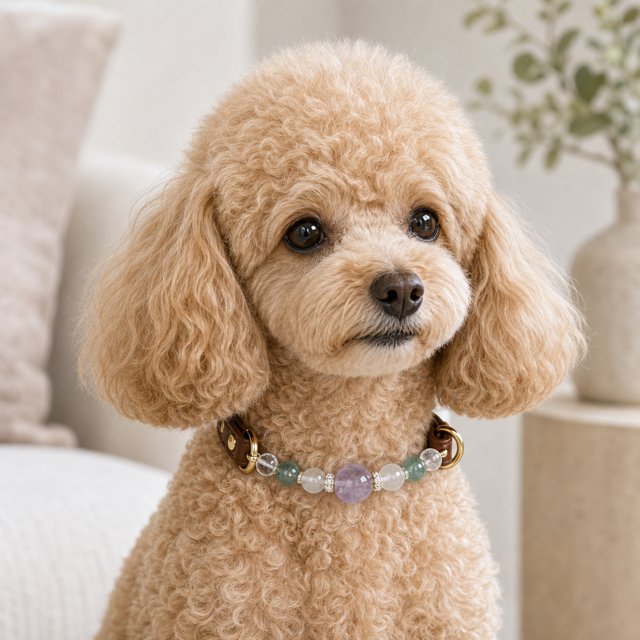 Toy poodle wearing lavender amethyst lemon quartz and jade pet crystal collar