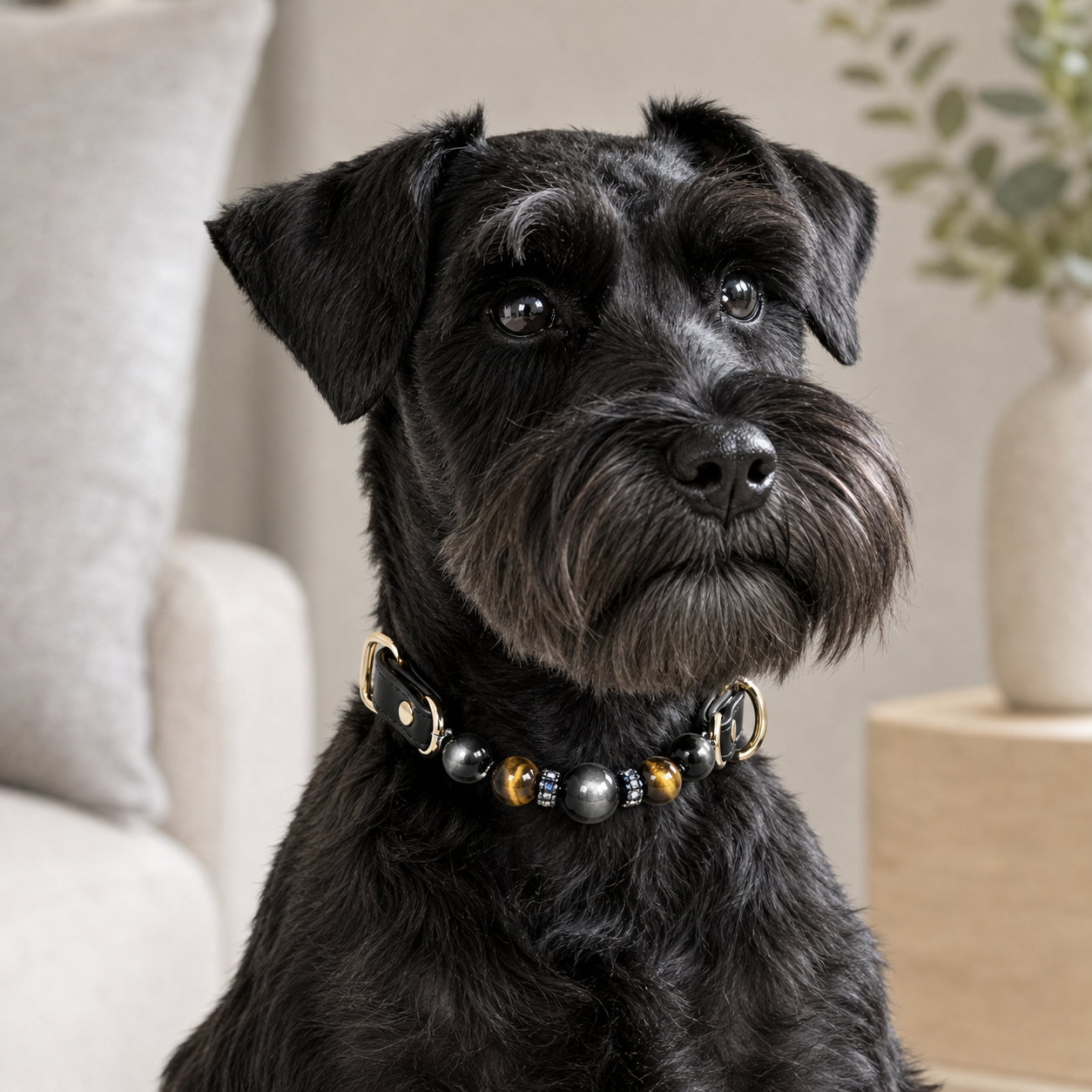 Black schnauzer wearing Tolan silver obsidian and tiger eye pet crystal collar