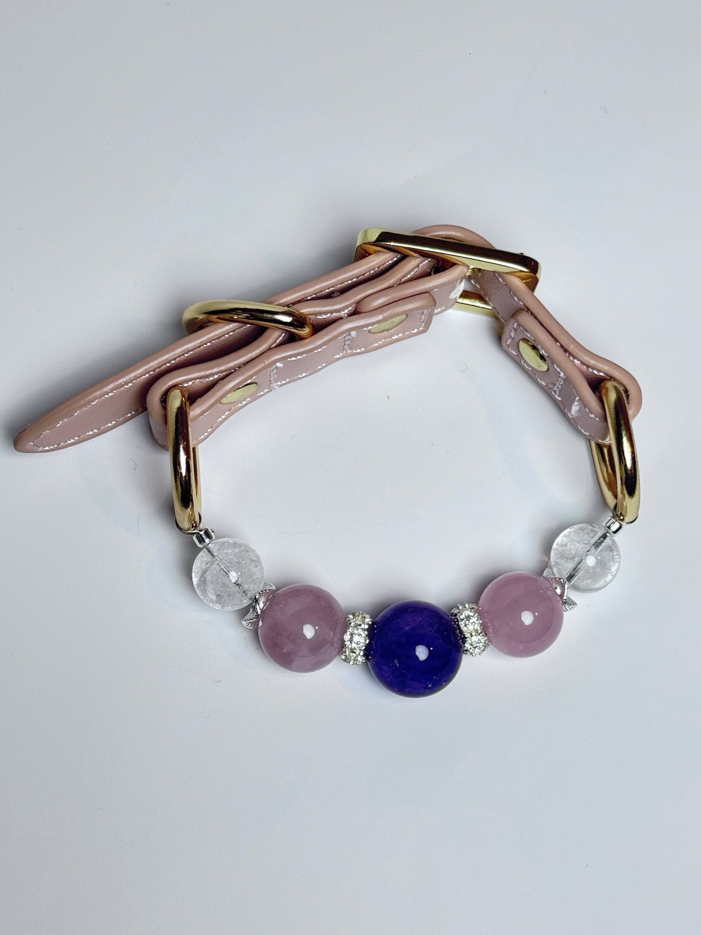 Tolan pet crystal collar with amethyst pink quartz and clear quartz beads
