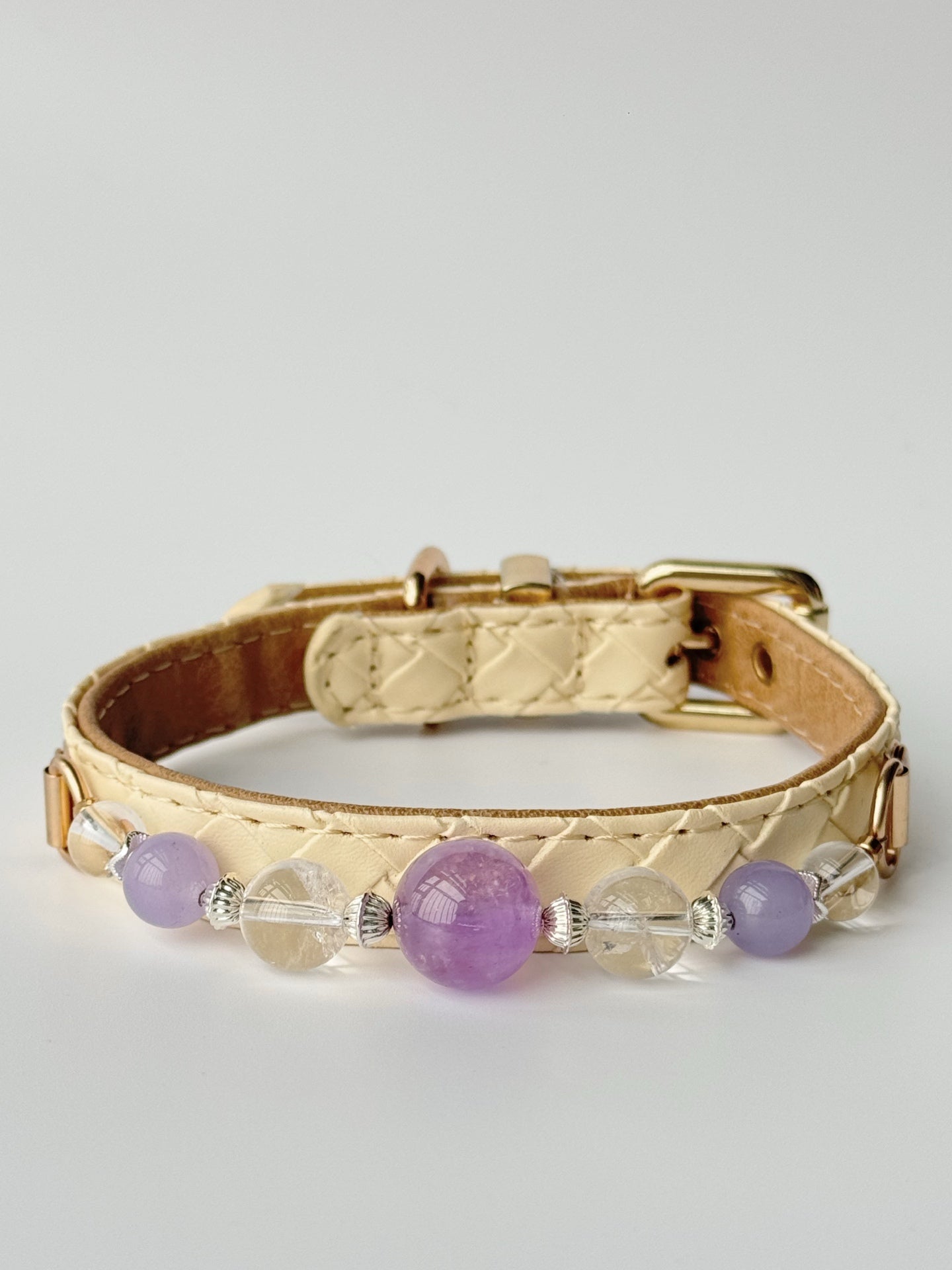 Ivory diamond-pattern pet collar with Uruguay amethyst and purple chalcedony