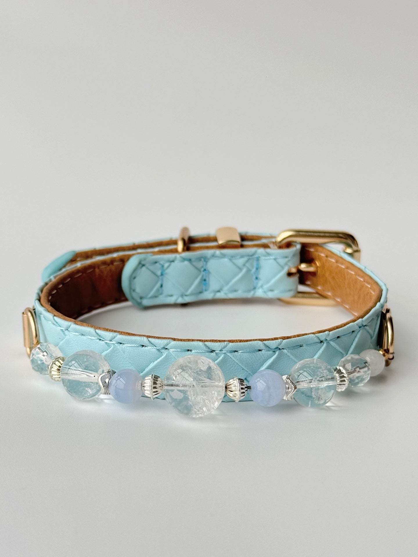 Pale blue diamond-pattern pet collar with clear quartz and blue lace agate