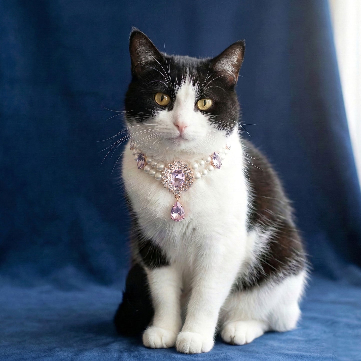 Black and white cat wearing pink pearl gem pet necklace