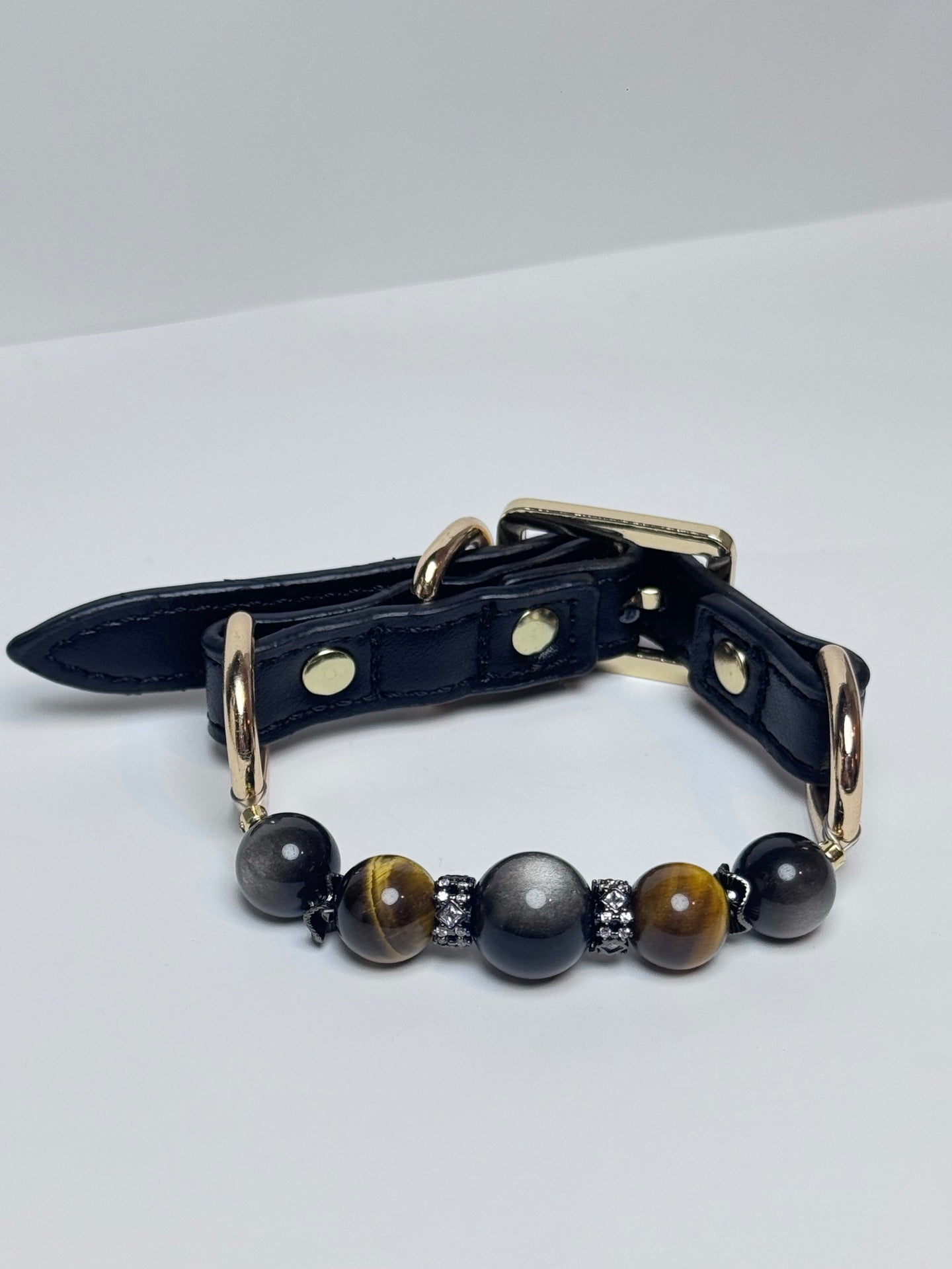 Black pet crystal collar with silver obsidian and golden tiger eye beads