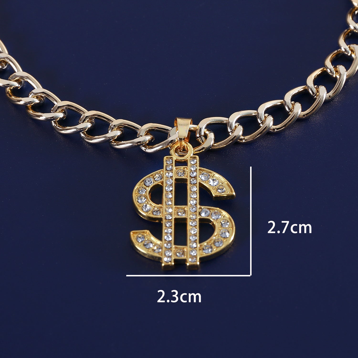 Rhinestone dollar sign pendant dimensions 2.3 by 2.7 centimeters