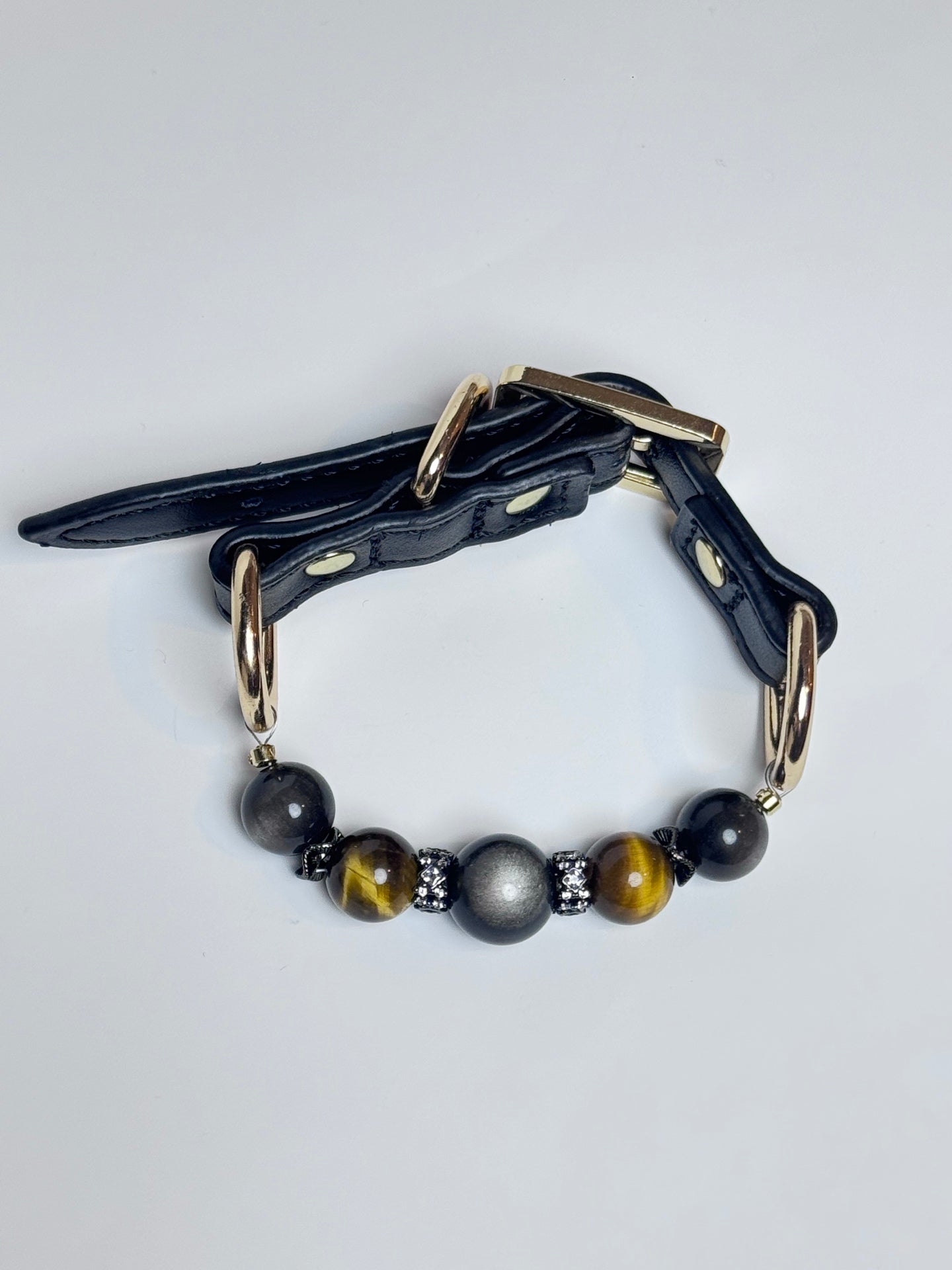 Tolan silver obsidian and tiger eye pet collar flat lay