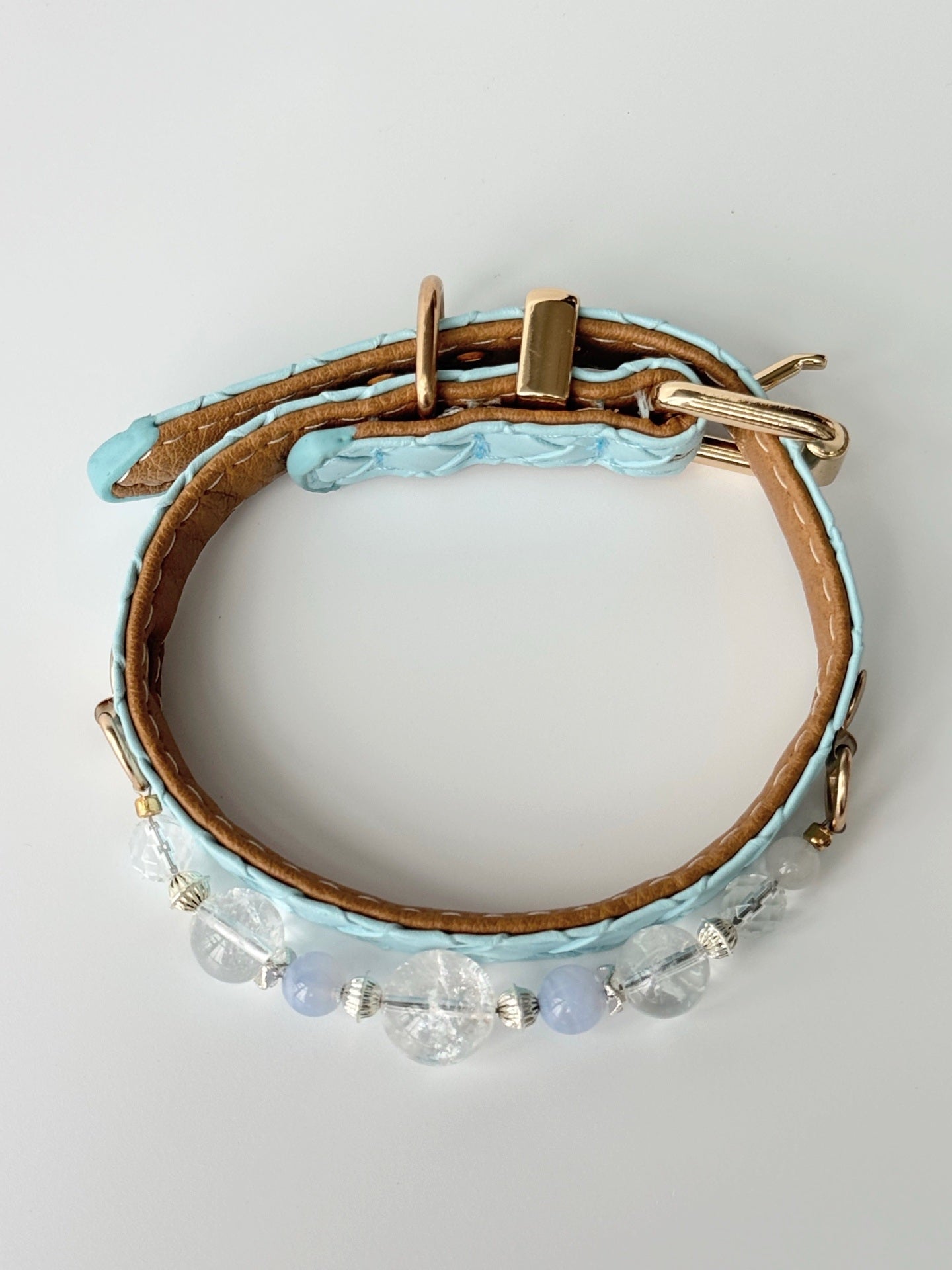 Full adjustable pale blue diamond-pattern pet crystal collar