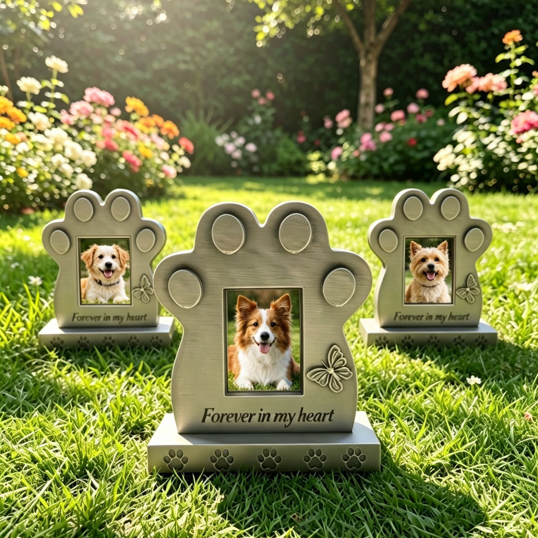 Three personalized pet memorial photo stones displayed in a garden