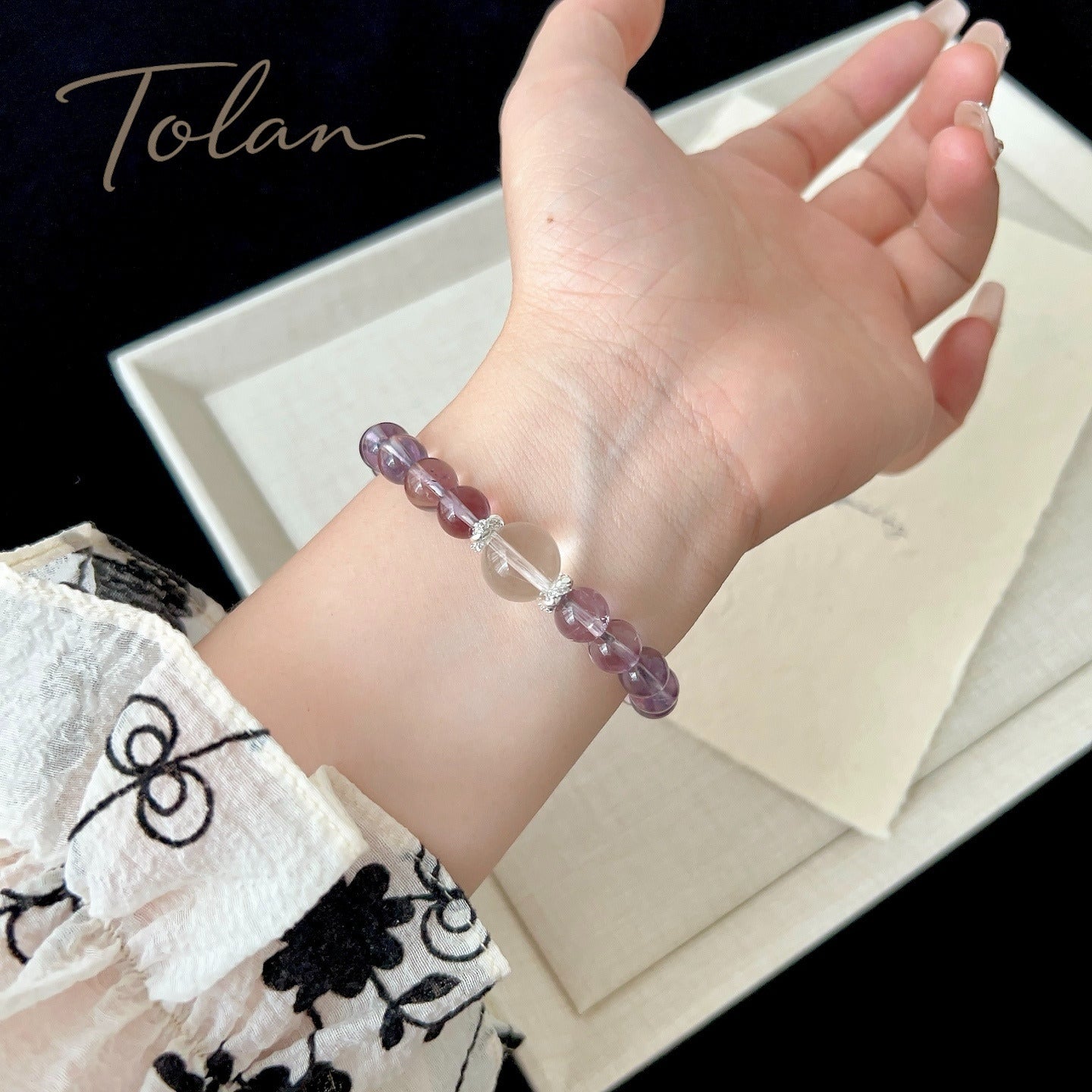 Lavender Bloom bracelet close-up showing natural amethyst beads