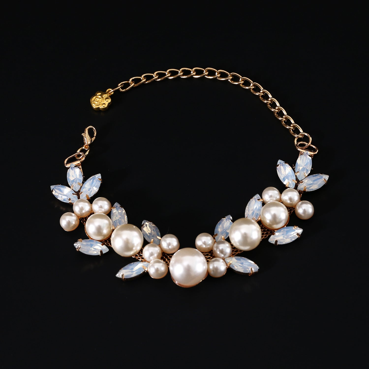 Full pearl and crystal statement pet necklace close-up