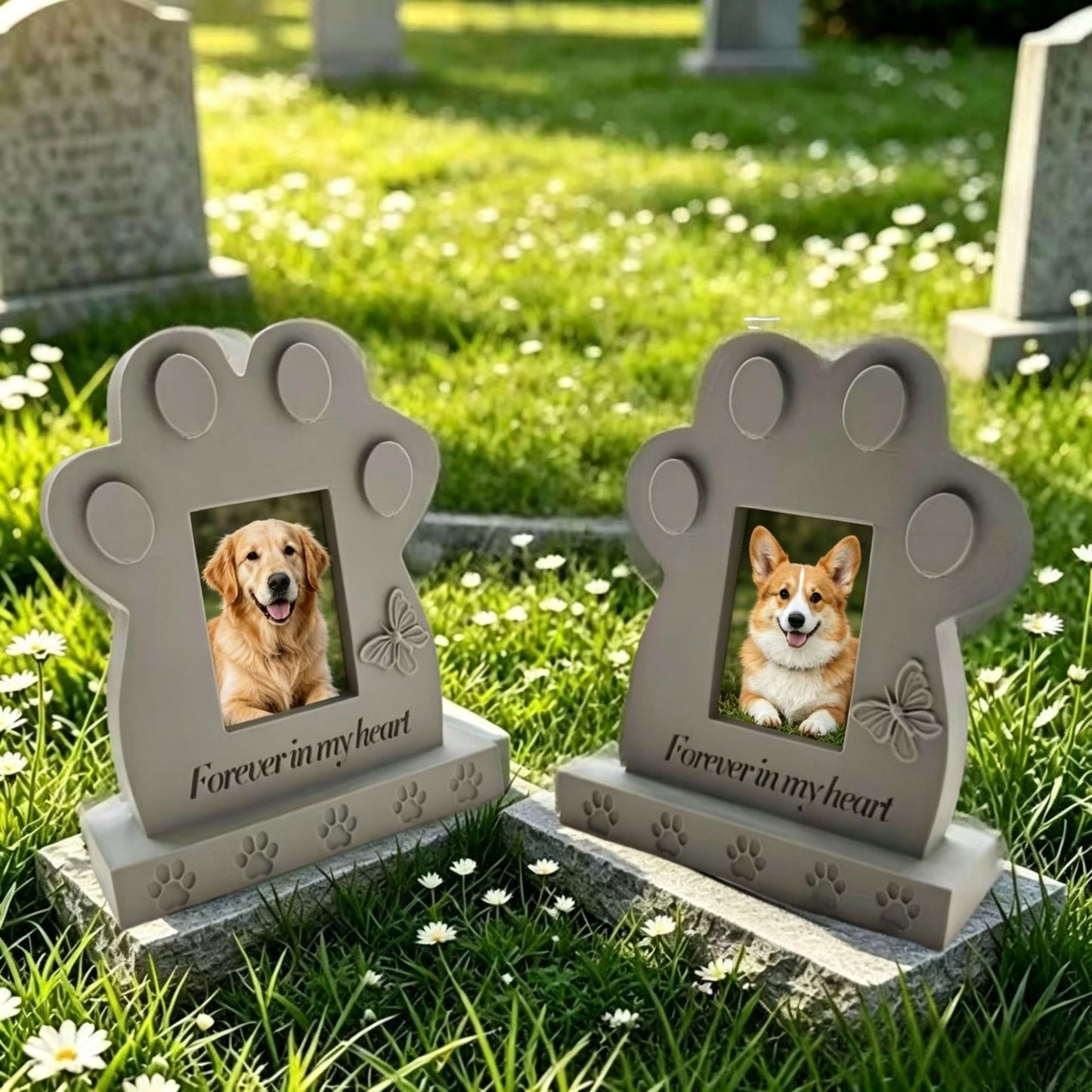 Two custom dog memorial photo stones beside a remembrance garden