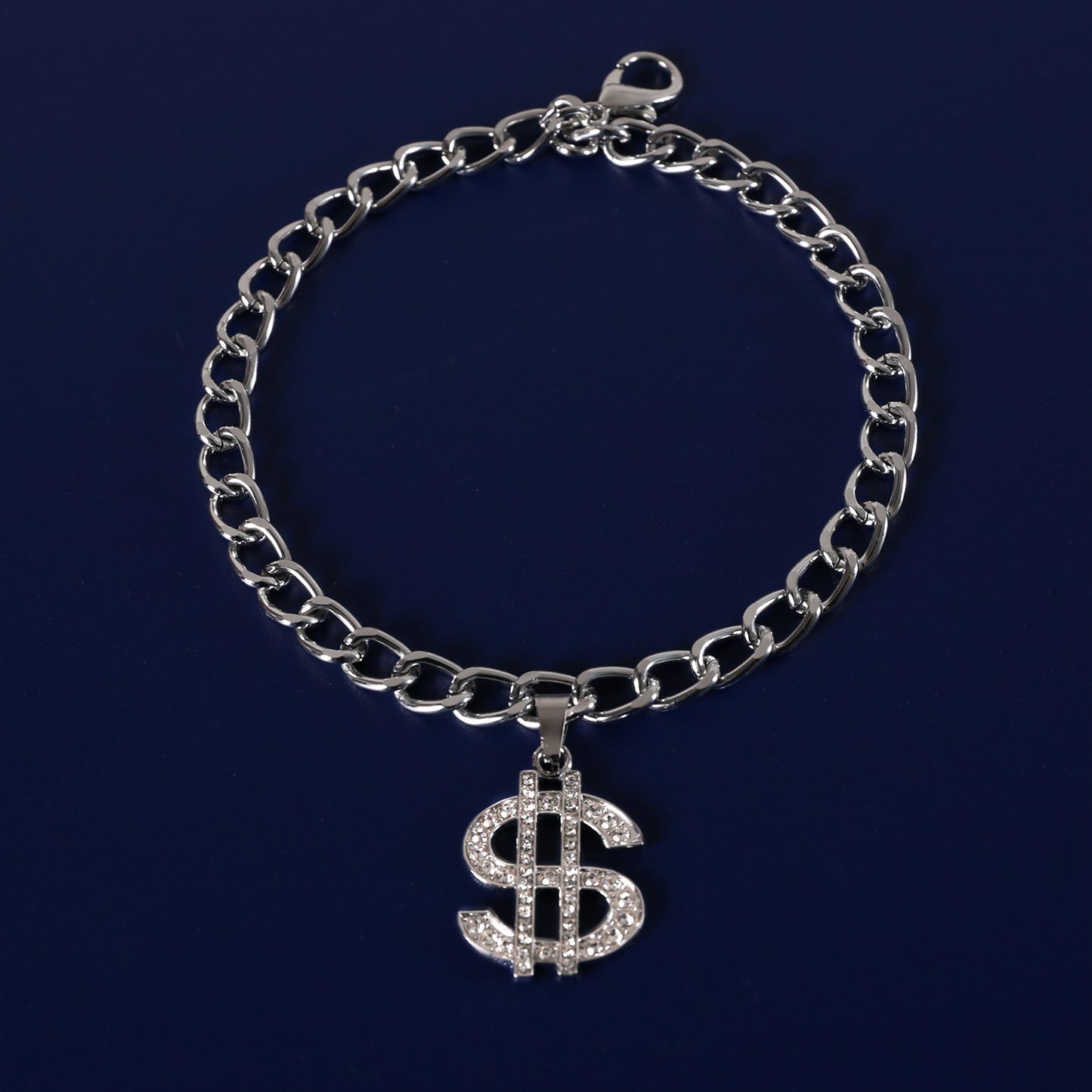 Silver Cuban-link style pet necklace with dollar sign pendant