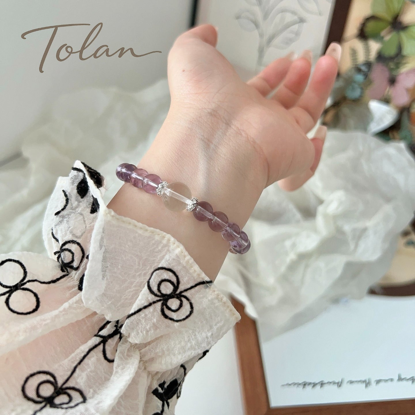 Lavender Bloom bracelet detail with rose quartz center stone
