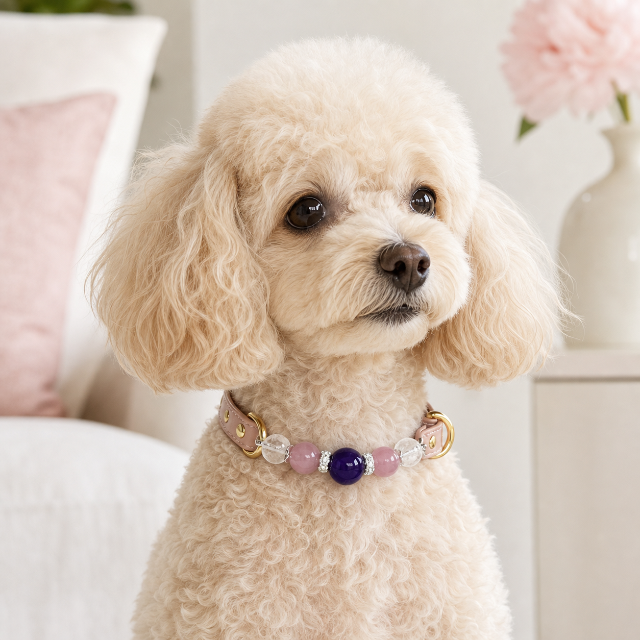 Cream toy poodle wearing Tolan amethyst and pink quartz pet crystal collar