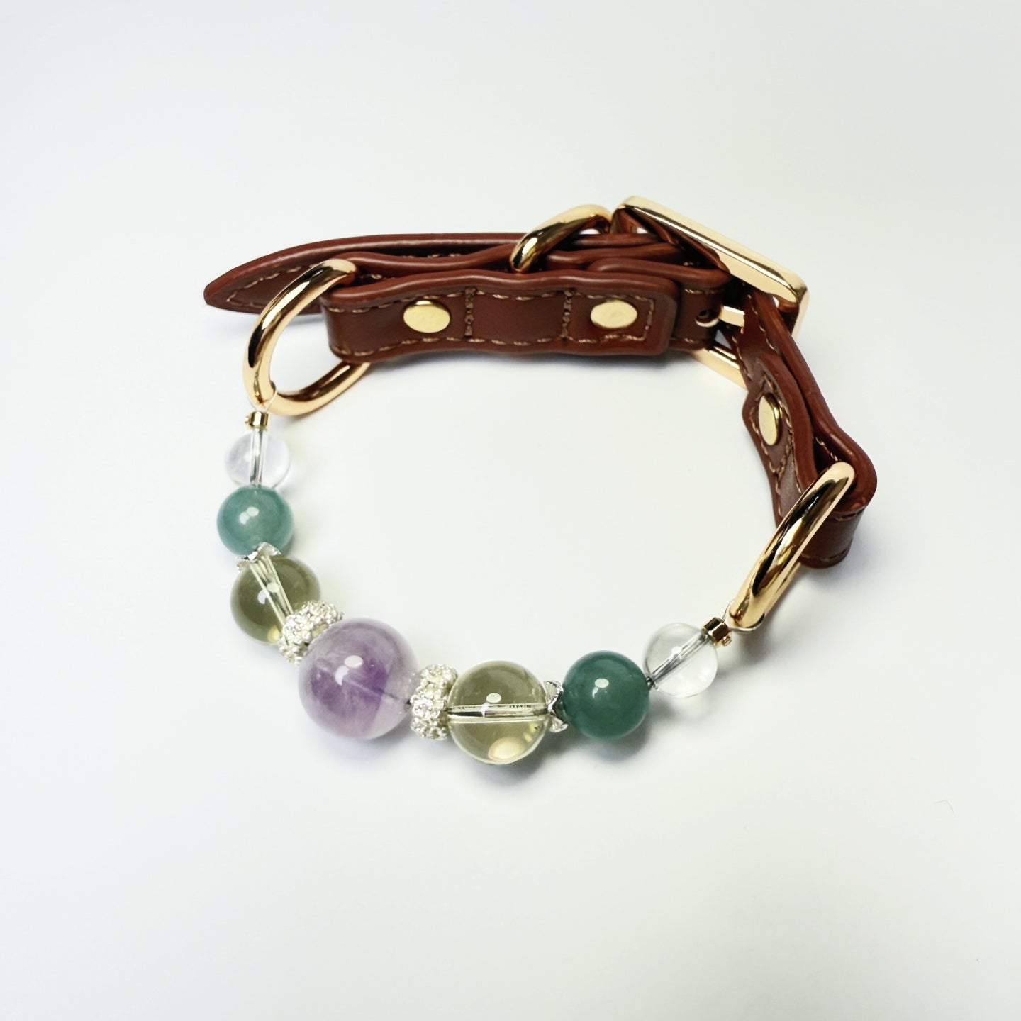 Lavender amethyst lemon quartz and jade pet crystal collar front view