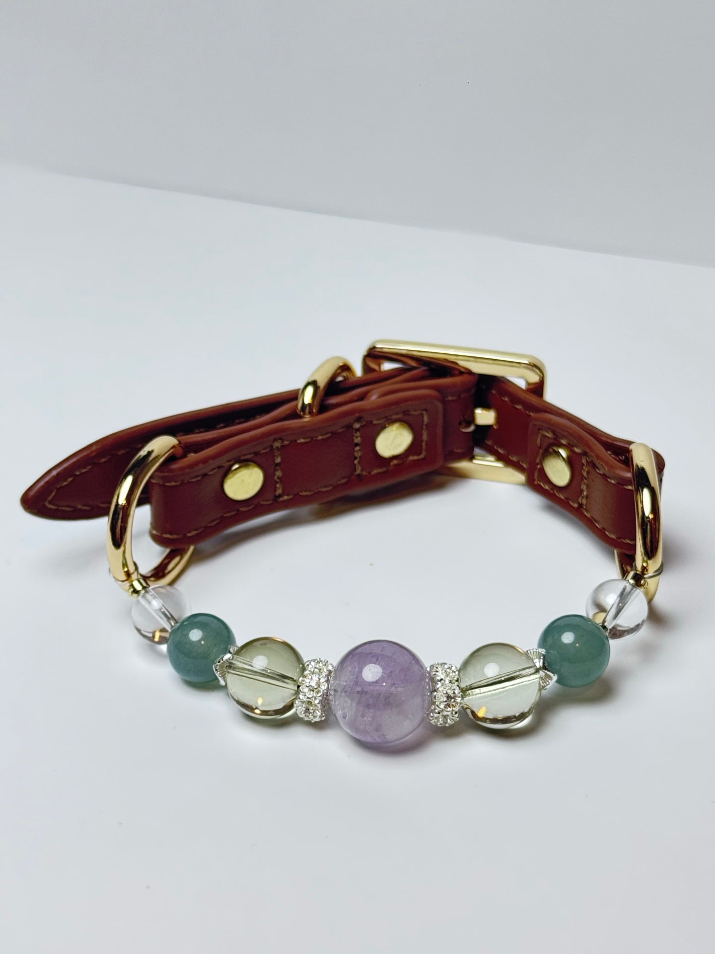 Lavender amethyst lemon quartz and jade pet crystal collar close-up