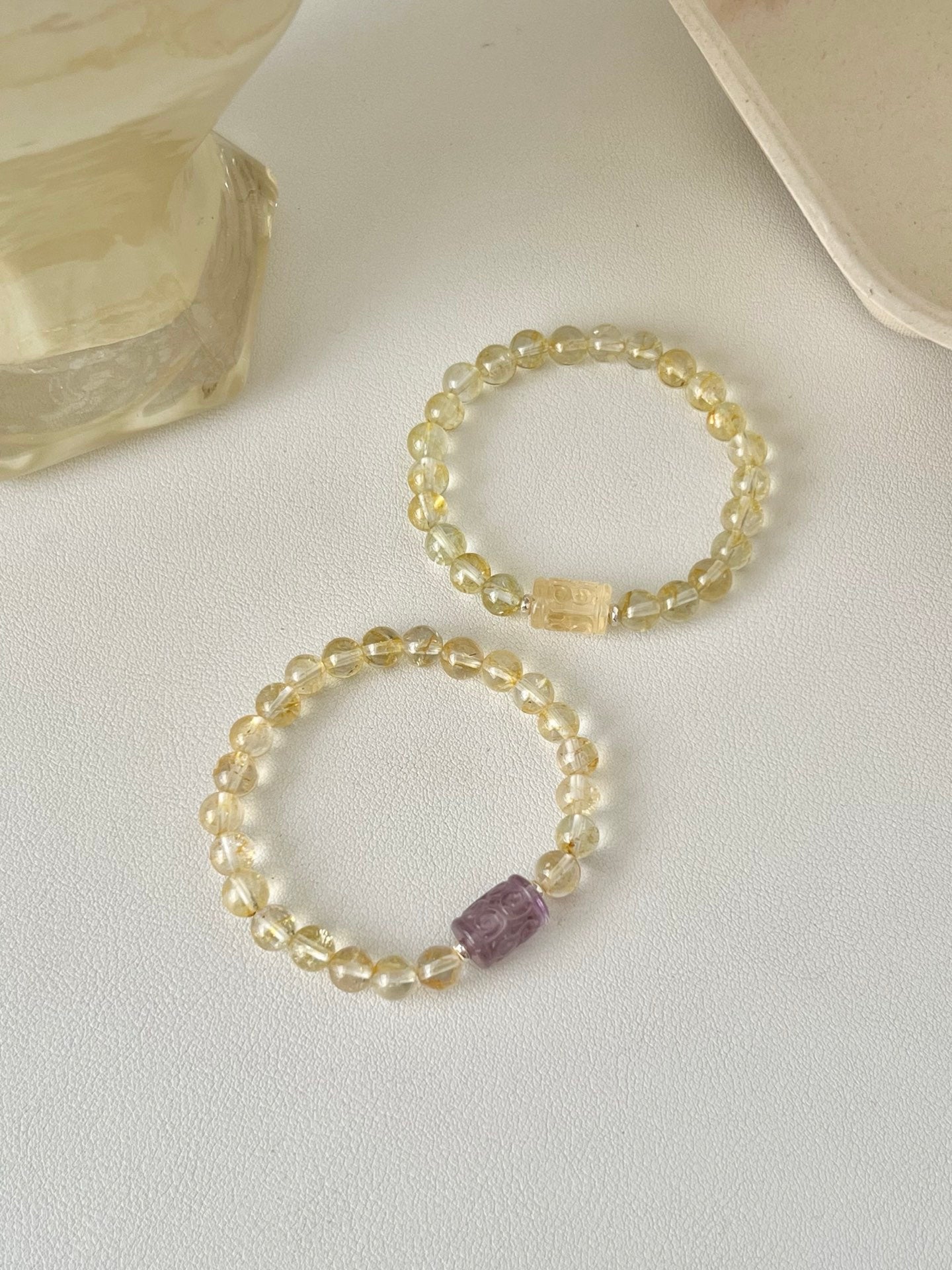 Purple and yellow patterned barrel bead bracelet options